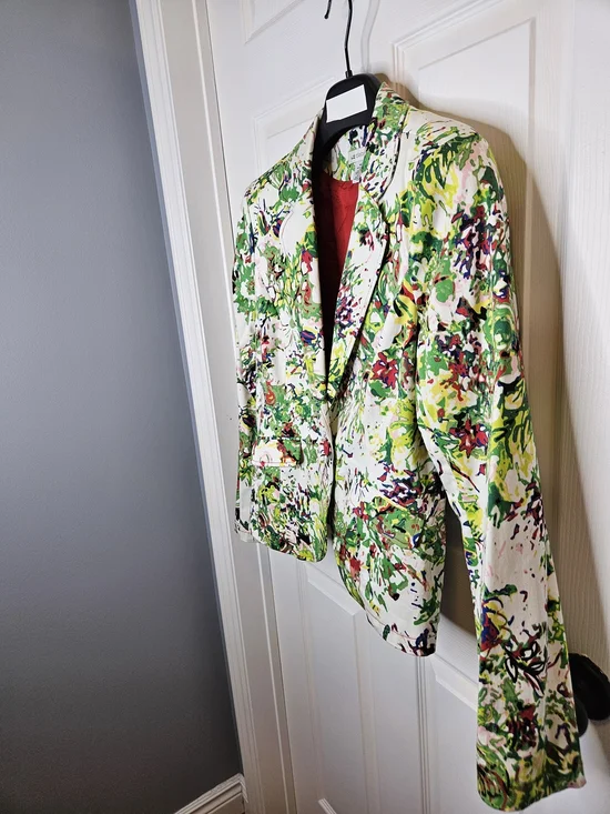 NWOT Liz Claiborne Women's White Floral Blazer Size M Red Lining Colorful Jacket - Picture 15 of 15